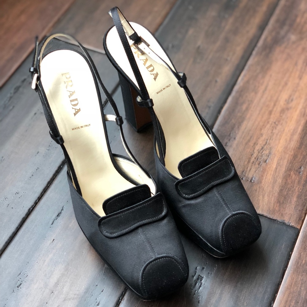 Prada Black Satin Sling back heels
